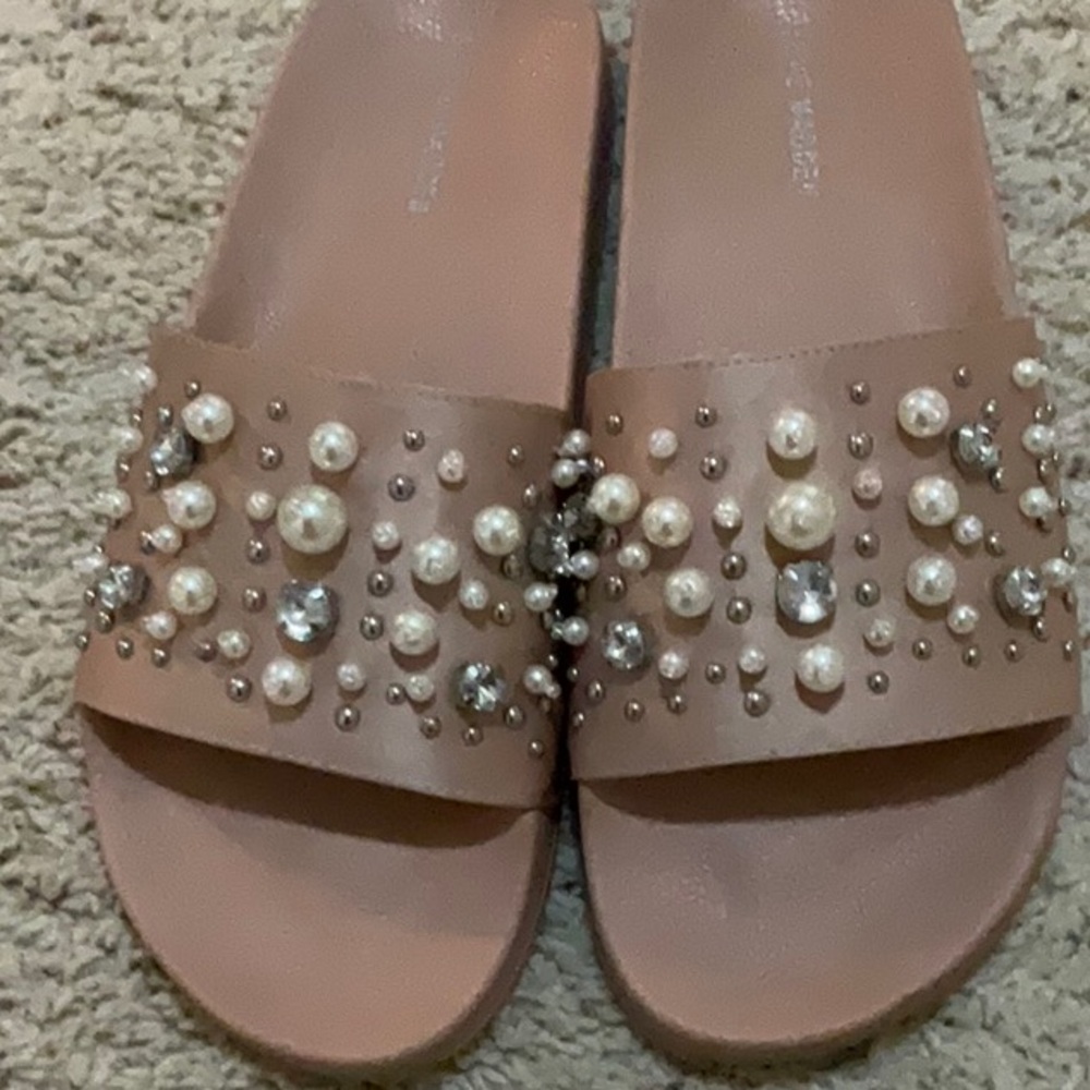 Steve Madden silk embellished with pearls and rhinestones black slides   Size 10